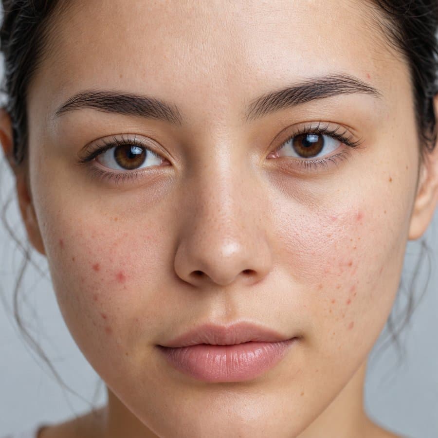 Close-up portrait showing mild acne-prone skin