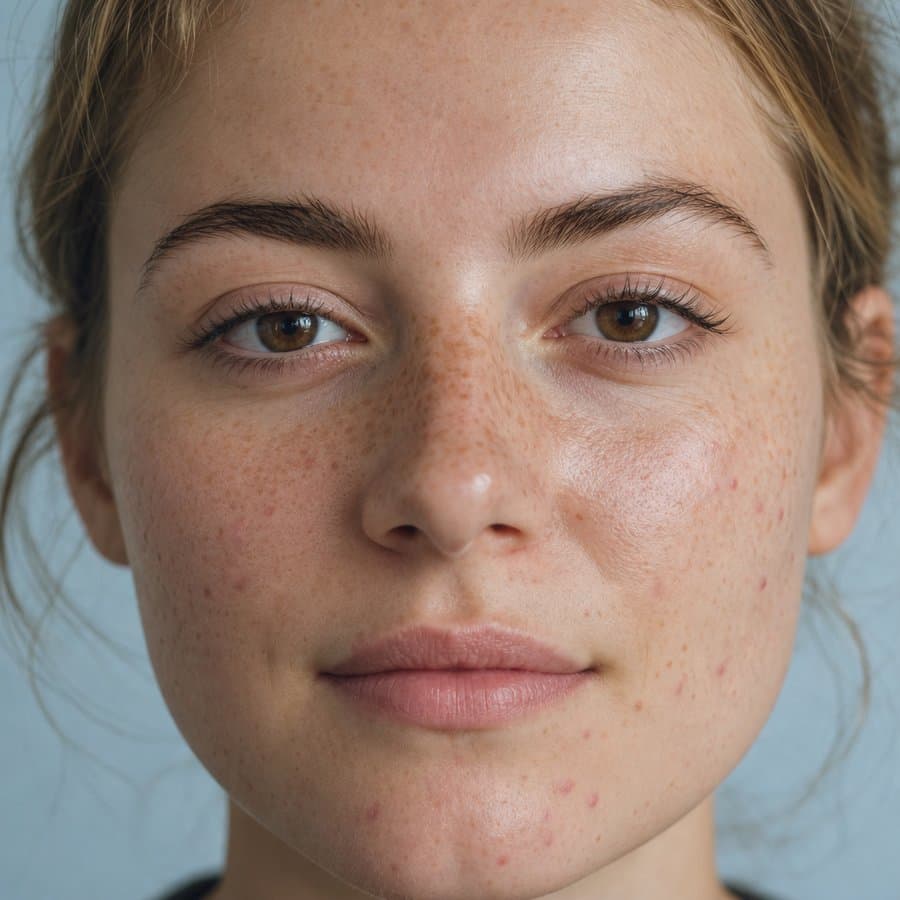 Close-up of a young woman with freckles and mild acne-prone skin